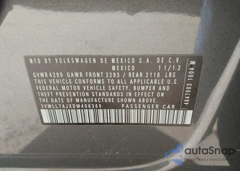 2013 Volkswagen Jetta 2.0L Tdi из США, поврежденный, VIN 3VWLL7AJXDM406369